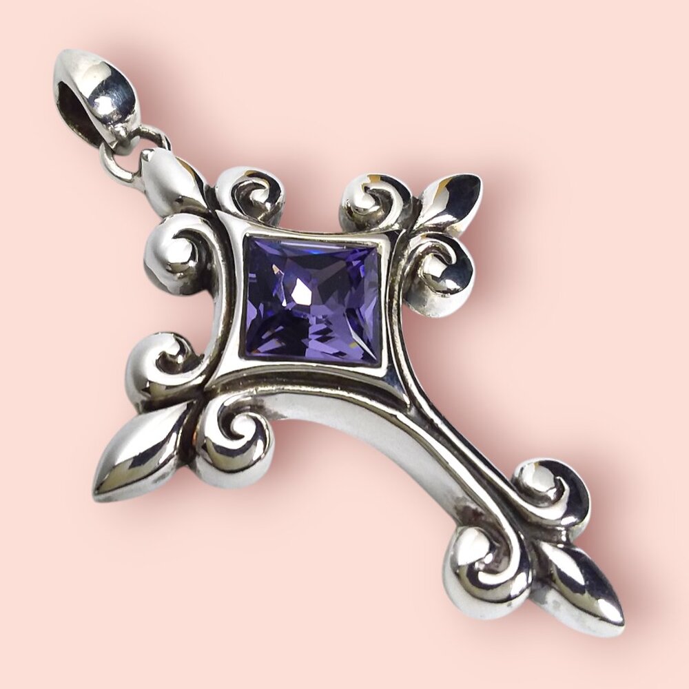 Barse 925 Sterling Silver Cross Pendant Faceted Amethyst Fleur De Lis Whimsigoth
